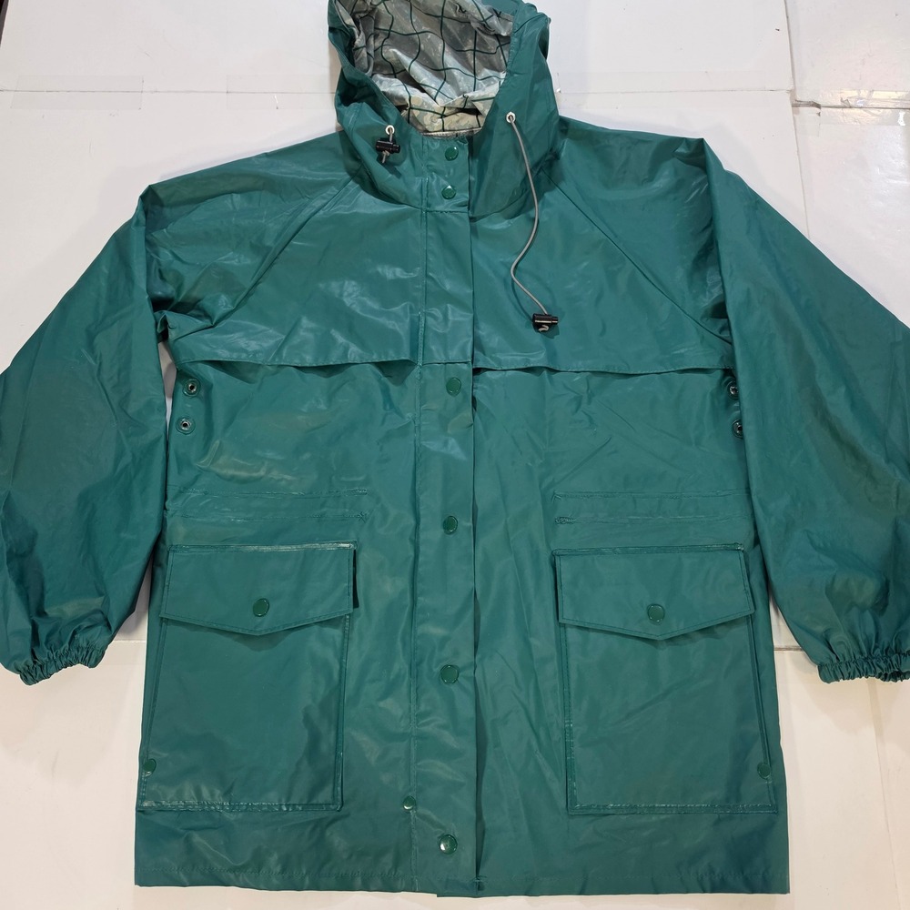 Vintage LL Bean Rain Jacket Teal Green Hooded Waterproof Parka Large Mens Womens